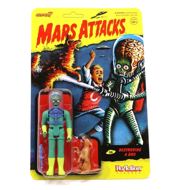 La Figurine "Destroying a Dog" Mars Attacks  de Réaction Figures constitue une pièce emblématique d'une gamme dédiée au jeu de cartes à collectionner Topps de 1962 : Mars Attacks.