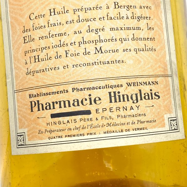 FLACON DAPOTHICAIRE HUILE DE FOIE DE MORUE VINTAGE PHARMACIE HINGLAIS WEINMANN 3458