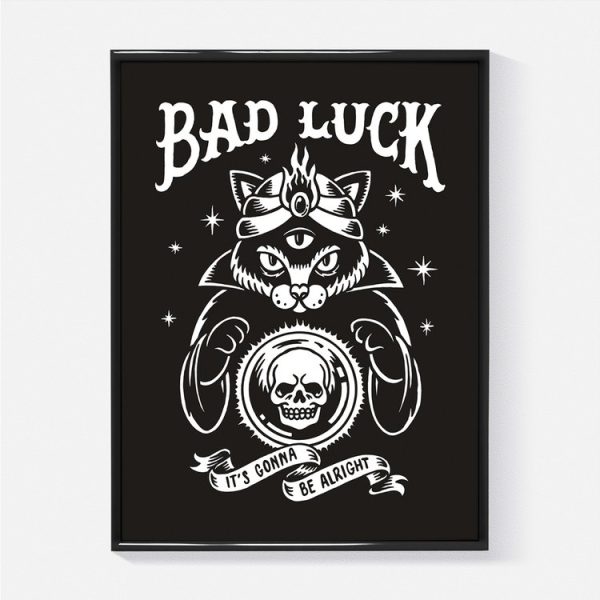 Affiche de chez Yeaaah! Studio se nommant "BAD LUCK". Voici représenté Mystical Black. Ce diseur de bonne aventure est l'un des personnages originaux de Yeaah! Studio.