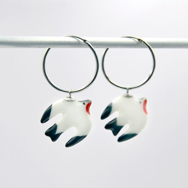 BOUCLES D'OREILLES HIRONDELLES BLANC ET ARGENT - GRUNI CERAMICA