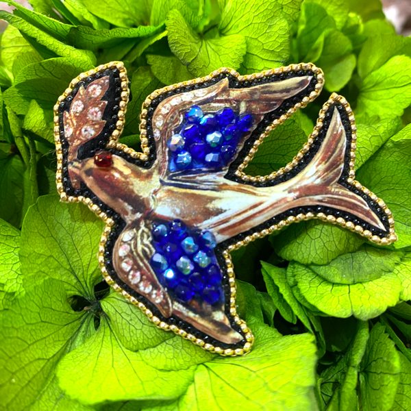 BROCHE HIRONDELLE AUX PERLES BLEUES - LW002 - LOUNIN