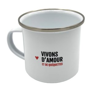 MUG EN METAL EMAILLÉ "VIVONS D'AMOUR ET DE QUÉQUETTES" - BIBICHE FAIT SON CIRQUE